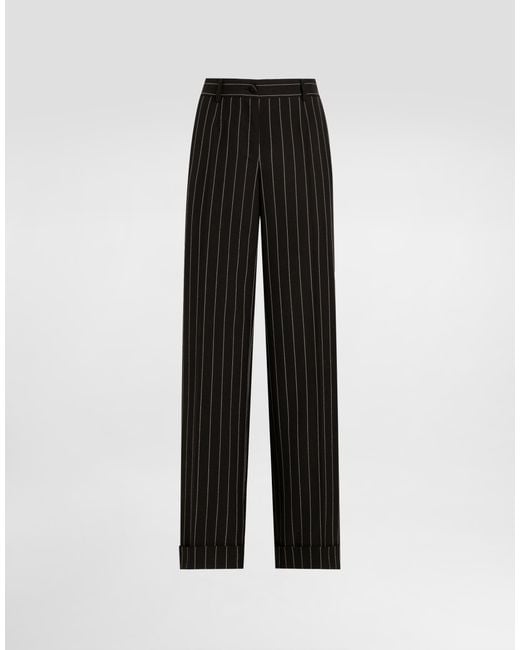 Dolce & Gabbana Black Straight-Leg Pinstripe Wool Pants With Turn-Ups