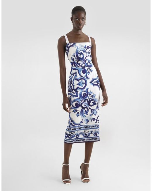 Dolce & Gabbana Blue Dg Exclusive Kleid Aus Seide Mit Majolika-Print