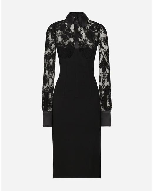 Dolce & Gabbana Black Calf-Length Jersey And Lace Dress With Corset Details