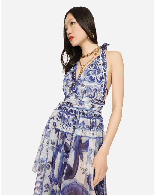 Dolce & Gabbana Blue Long Sleeveless Silk Chiffon Dress With Majolica Print