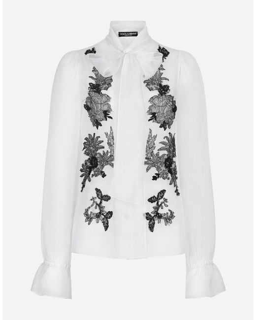 Dolce & Gabbana White Organza Pussy-Bow Shirt With Lace Appliqués