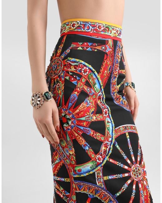 Dolce & Gabbana Red Carretto-Print Charmeuse Long Skirt