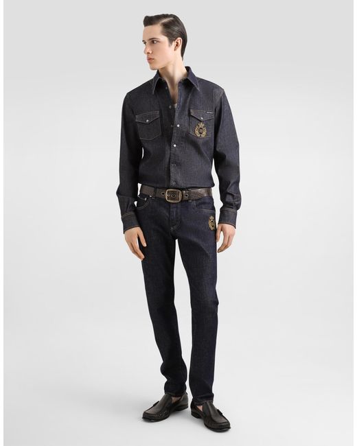 メンズ Dolce & Gabbana パッチ ストレッチコットン スリムフィットジーンズ Blue