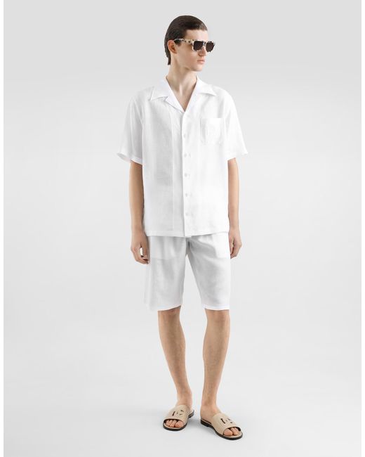 Dolce & Gabbana White Linen Shirt With Logo Embroidery for men