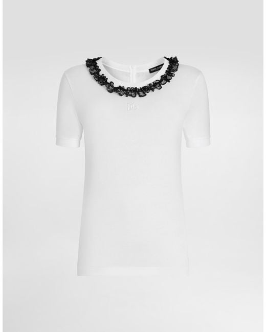 Dolce & Gabbana White Jersey T-Shirt With Lace And Dg Embroidery