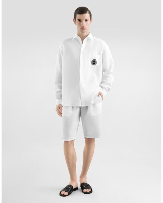 Dolce & Gabbana White Linen Shirt With Heraldic Patch for men