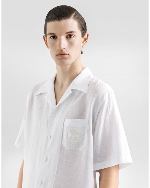 Dolce & Gabbana White Linen Shirt With Logo Embroidery for men