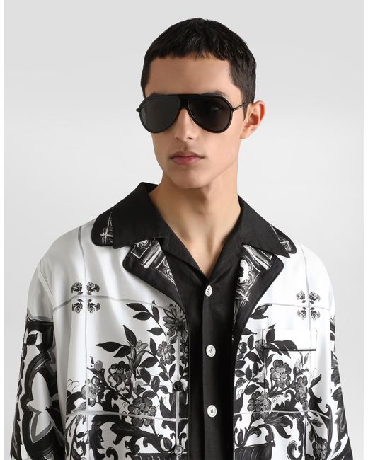 Camisa Vanity De Sarga Con Estampado De Mayólica Dolce & Gabbana de hombre de color White