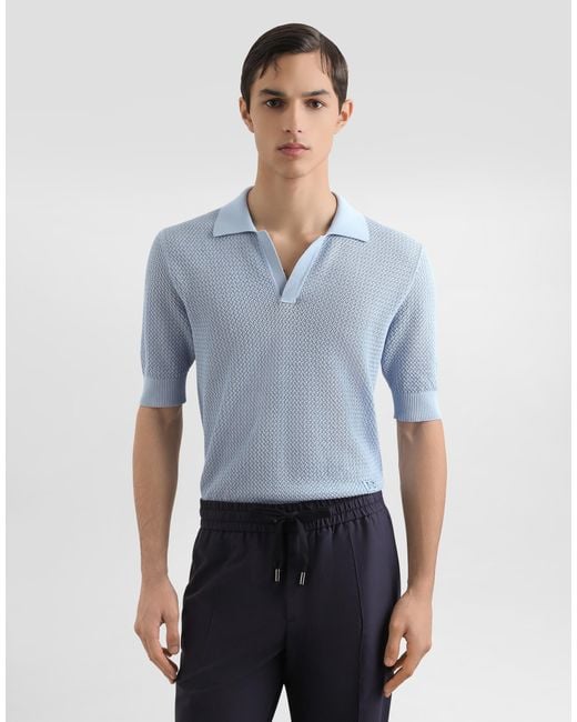 Dolce & Gabbana Blue Micro-Pattern Cotton Polo Shirt for men