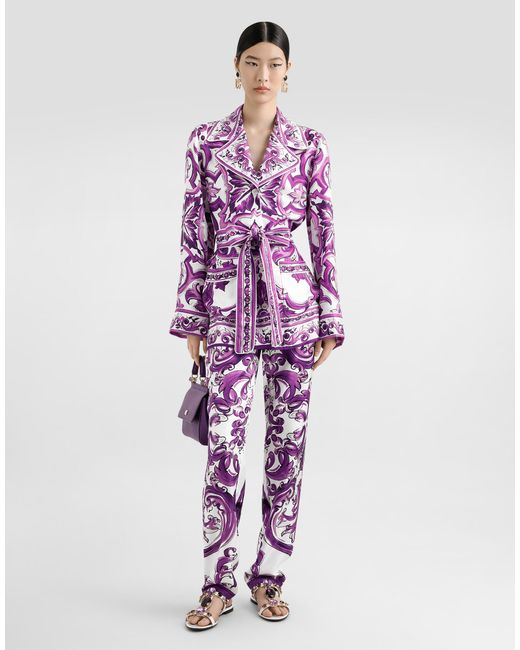 Dolce & Gabbana Purple Majolica-Print Silk Twill Vanity Trousers