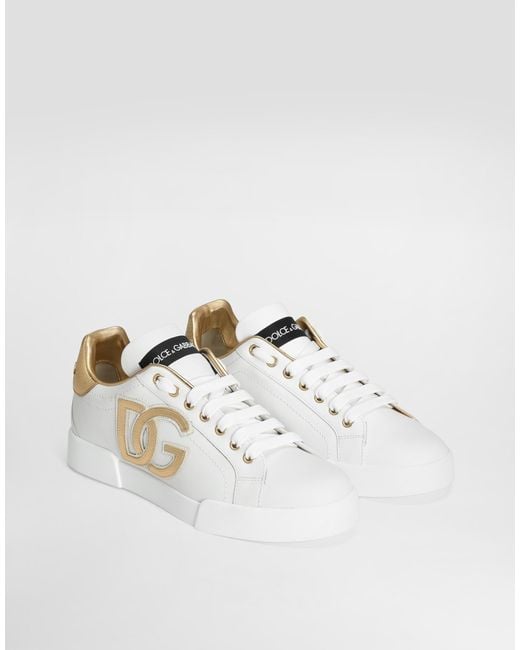 Dolce & Gabbana White Calfskin Portofino Sneakers With Dg Logo