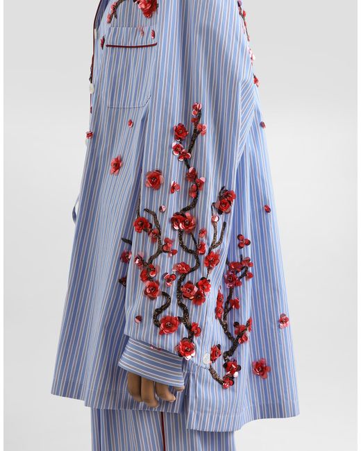 Dolce & Gabbana Blue Poplin Shirt With Cherry Tree Embroidery