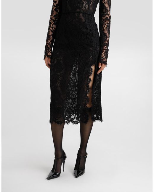 Dolce & Gabbana Black Ausgestelltes Longuette-Kleid Aus Floraler Spitze Mit Kontrastierendem Futter