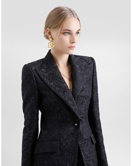 Dolce & Gabbana Black Einreihige Turlington-Jacke Aus Floralem Matelassé-Jacquard
