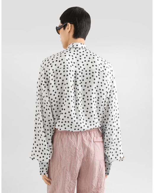 Dolce & Gabbana White Polka-Dot Print Wavy Silk Shirt for men