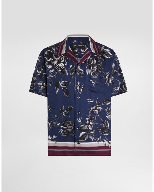 Dolce & Gabbana Blue Peony-Print Hawaii Twill Shirt for men