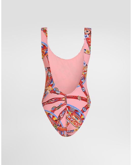 Dolce & Gabbana White Carretto-Print One-Piece Swimsuit