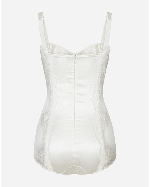 Dolce & Gabbana White Silk Balconette-Bra Bodysuit With Lace Detailing