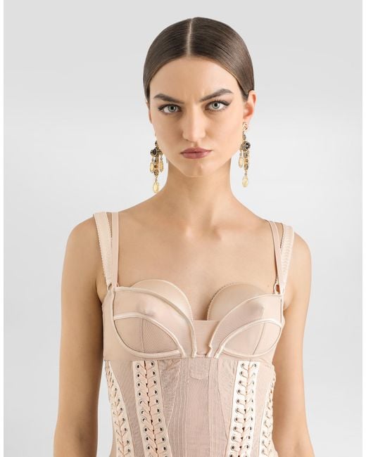 Dolce & Gabbana White Light Tulle Calf-Length Slip Dress With Corset Details