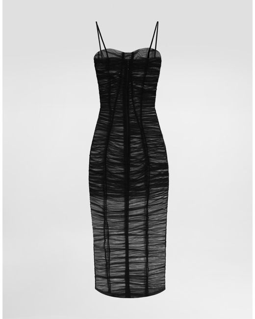 Dolce & Gabbana Black Tulle Calf-Length Dress With Draping