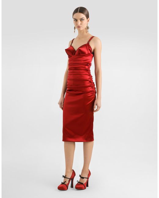 Dolce & Gabbana Red Draped Satin Calf-Length Dress With Conical Cups