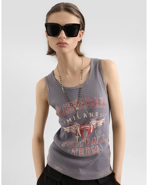 Dolce & Gabbana Multicolor Ribbed Tank Top With Distressed Effect And Print