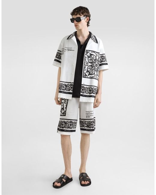 Dolce & Gabbana White Majolica-Print Double Piqué Bermuda Shorts for men
