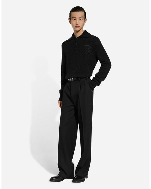 Dolce & Gabbana メンズ ブラック エンブロイダリーロゴ ウール ロング