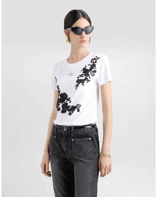 Dolce & Gabbana White Jersey T-Shirt With Dg Logo Pin And Lace Details