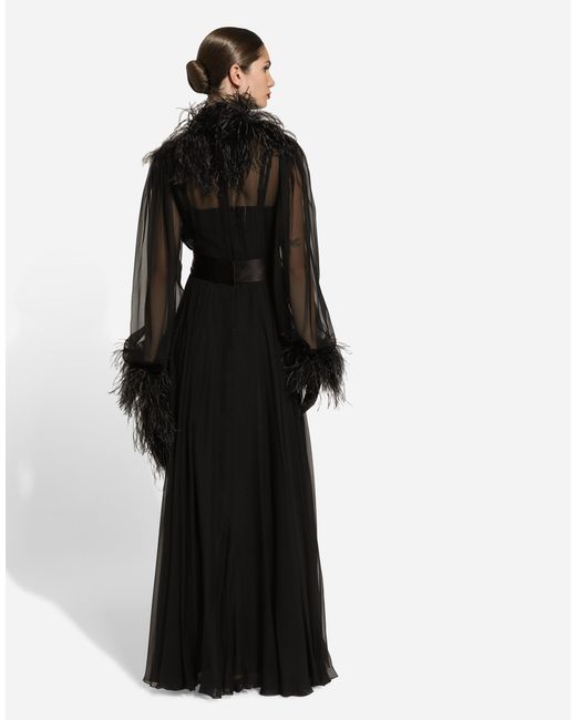 Dolce & Gabbana Black Long Silk Chiffon Dress With Ostrich Feather Details
