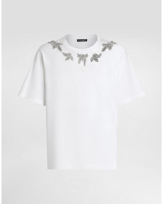 Dolce & Gabbana White Cotton T-Shirt With Embroidery And Brooch for men