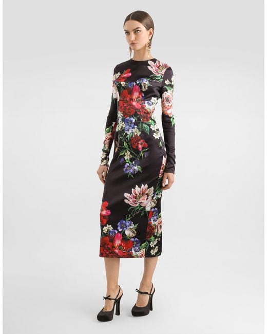 Dolce & Gabbana White Satin Calf-Length Round-Neck Dress With Floral