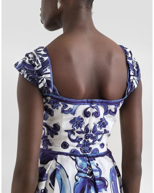 Dolce & Gabbana Blue Dg Exclusive Kurzes Kleid Aus Popeline Mit Majolika-Print