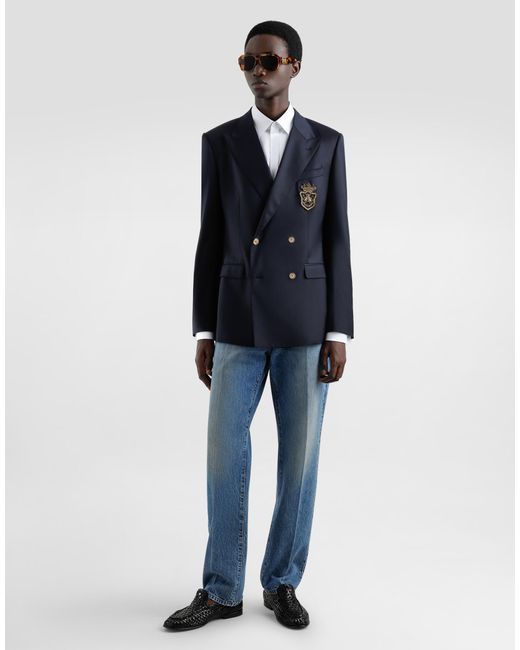 Dolce & Gabbana Blue Double-Breasted Wool Jacket With Patch for men