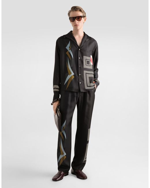 Dolce & Gabbana Black Geometric-Print Twill Shirt for men