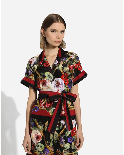 Dolce & Gabbana Red Twill Pajama Shirt With Rose Garden