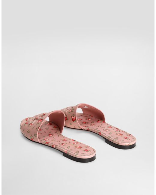 Dolce & Gabbana Pink Calfskin Flat Slippers With Little Roses Print