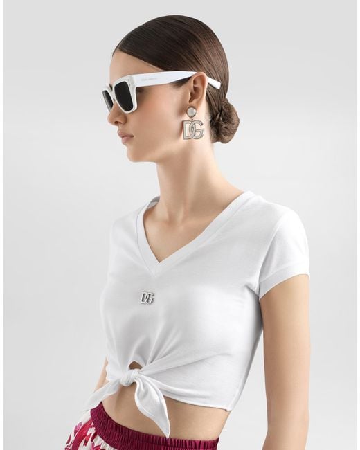Dolce & Gabbana White Jersey T-Shirt With Dg Logo And Knot Detail