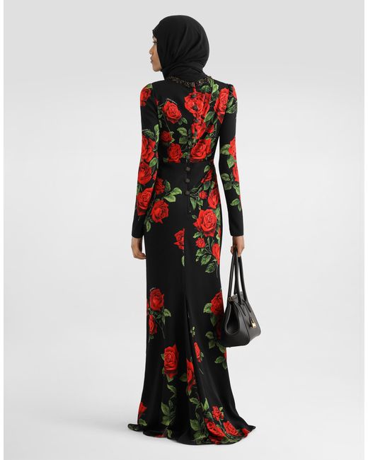 Dolce & Gabbana Red Rose-Print Charmeuse Dress