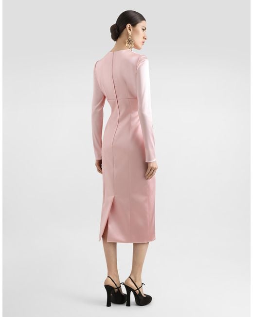 Dolce & Gabbana Pink Stretch Satin Round-Neck Calf-Length Dress