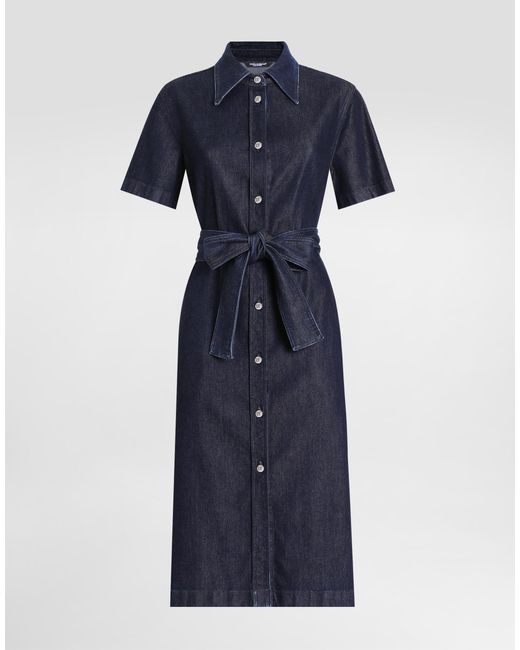 Dolce & Gabbana Blue Hemdblusenkleid Aus Denim Und Seide