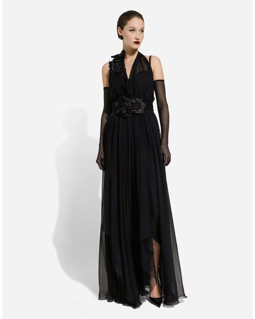 Dolce & Gabbana Black Long Silk Chiffon Dress With Floral Appliqué