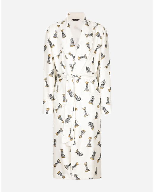 メンズ Dolce & Gabbana Silk Twill Robe With Chess-Piece White