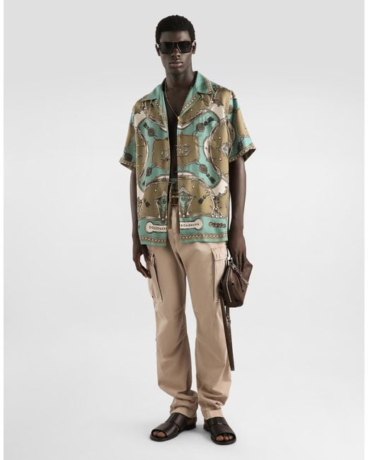 Dolce & Gabbana Green Cargo-Print Hawaii Washed Silk Twill Shirt for men