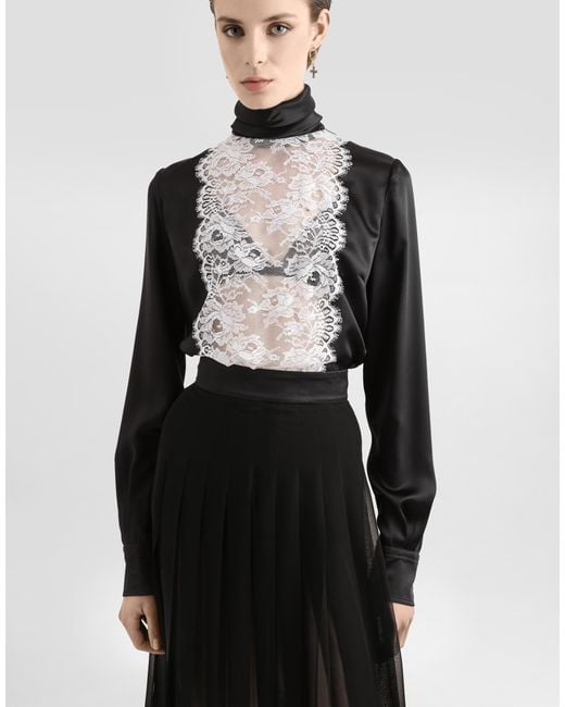 Dolce & Gabbana Black Satin Sack Top With Lace Shirt Front