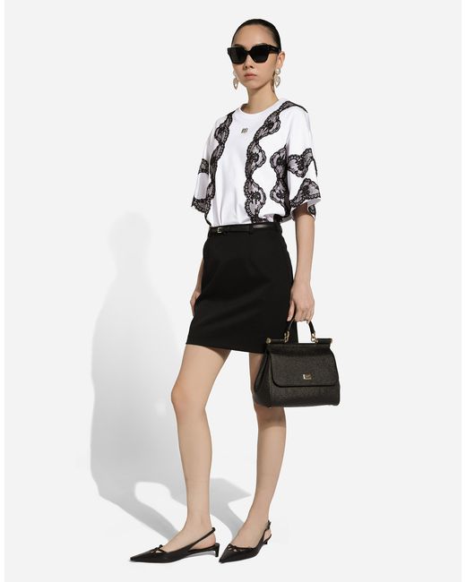 Dolce & Gabbana White T-Shirt Aus Jersey Mit Einsätzen Aus Spitze Und Dg-Logo