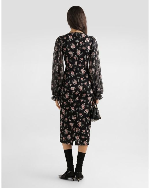 Dolce & Gabbana Black Kleid Aus Charmeuse Mit Vintage-Rosen-Print