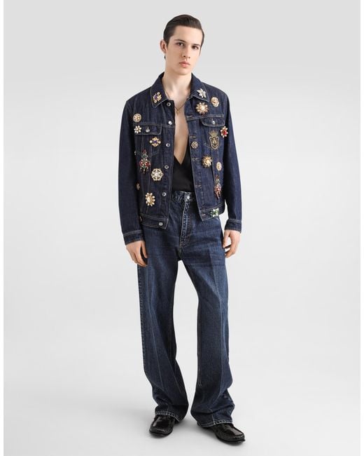 Dolce & Gabbana Blue Cotton Denim Jacket With Bejeweled Detailing for men