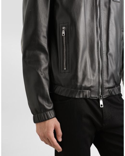 Dolce & Gabbana Black Lamb Leather Jacket With Front Metal Logo Plaque for men