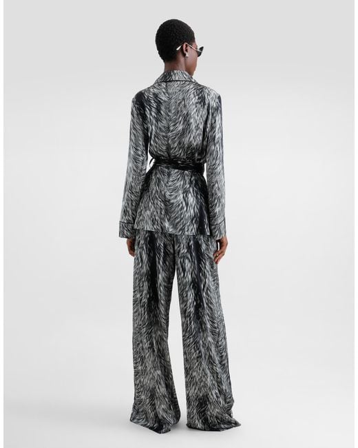 Dolce & Gabbana Gray Pyjamabluse Aus Seidensatin Fellprint